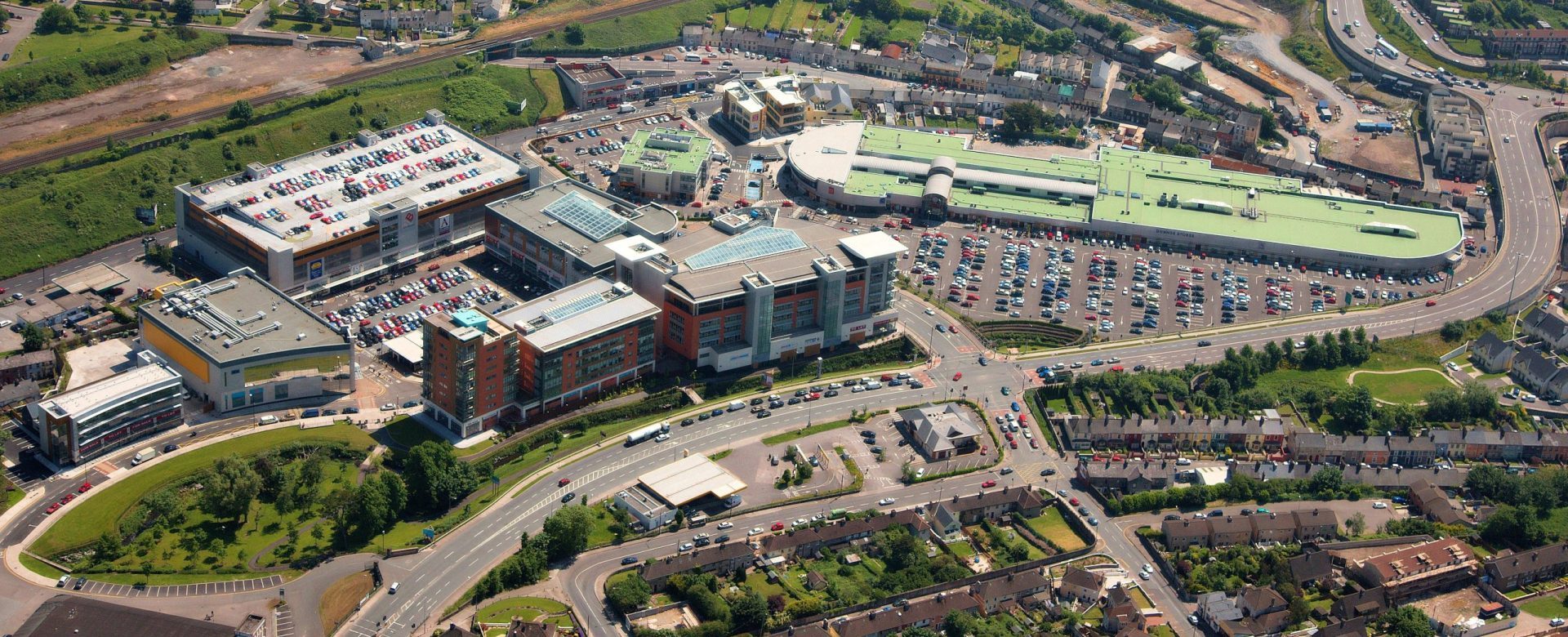 Aerial photograph of Blackpool Shopping Centre and Retail Park